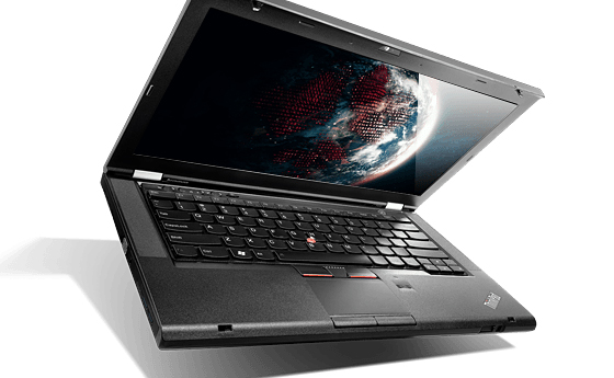  Front view of an opened ThinkPad T430, angled slightly to the right  